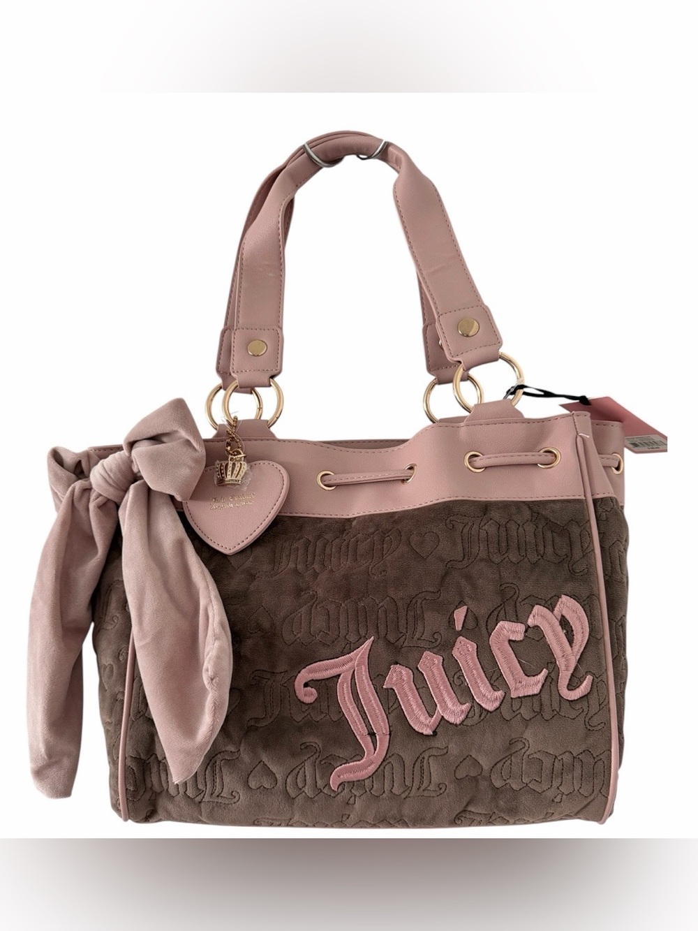 Juicy Couture Vintage Dream Tote Bag Iced Coffee Brown Pink Velour Bow NWT